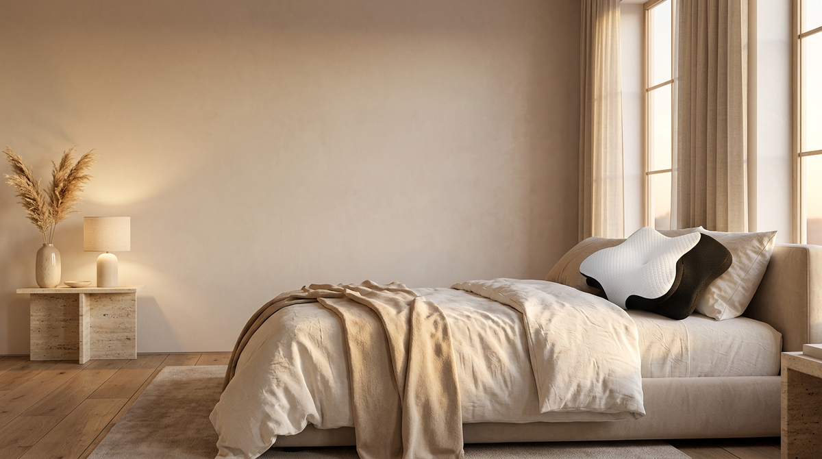 Chambre au coucher du soleil, l'oreiller cervical en tête de lit