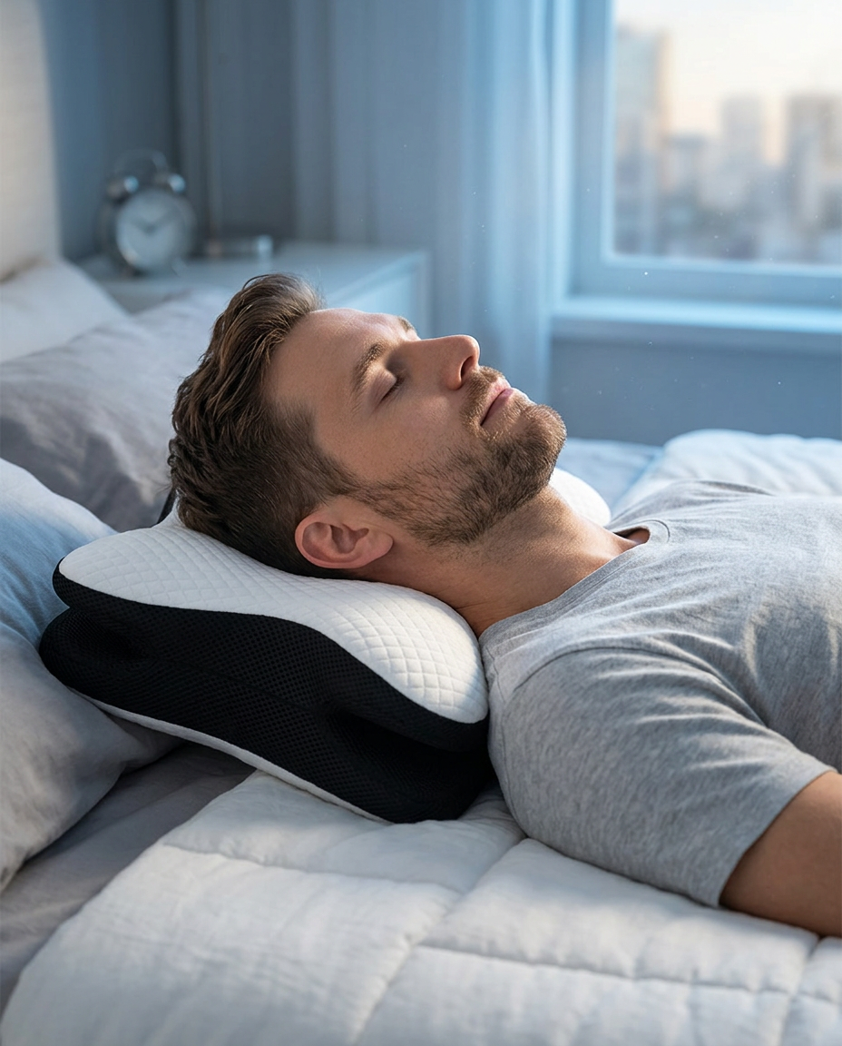 Homme endormi sur le dos, la nuque posée sur l'oreiller cervical