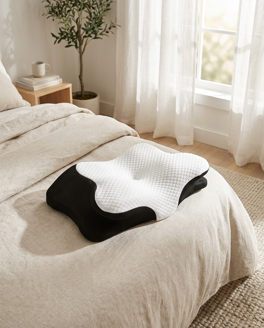 Oreiller cervical posé sur un lit en lin, chambre lumineuse
