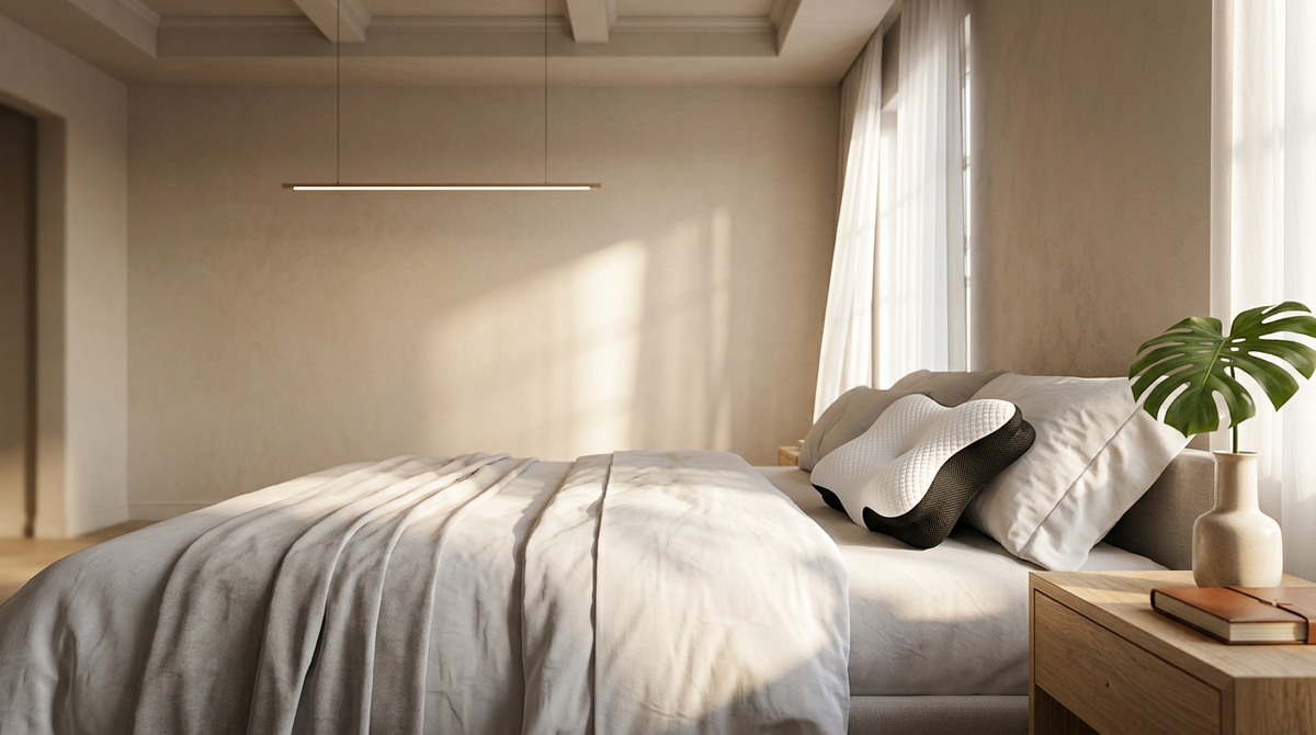 Chambre lumineuse au petit matin avec l'oreiller cervical en tête de lit