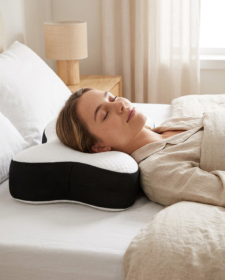 Femme endormie sur le côté, la tête posée sur l'oreiller cervical